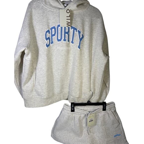 WILO Pants - WILO The Label Women’s 2-Piece Hoodie Shorts Set White Marle Blue L NWT